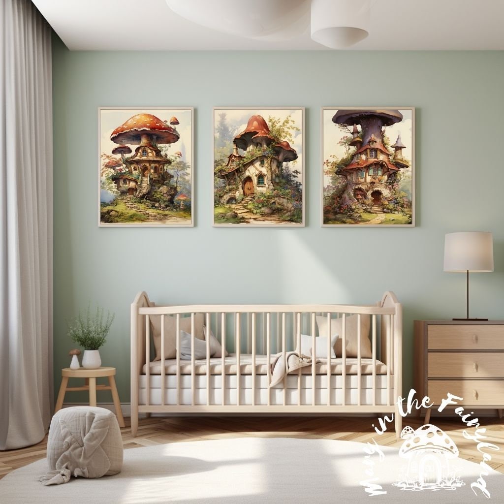 Enchanted watercolor nursery printables: A DIY decor ensemble featuring 4 whimsical fairy dwellings