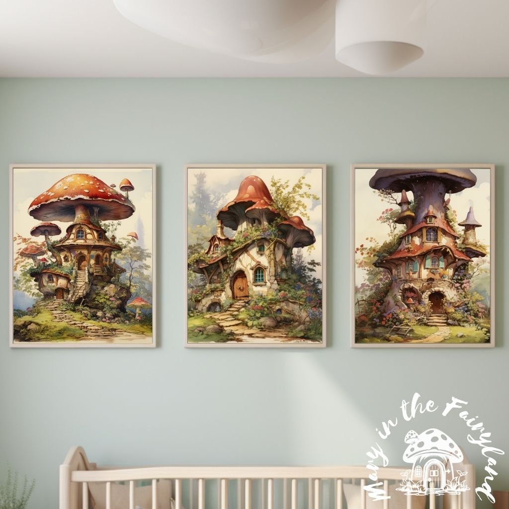 Enchanted watercolor nursery printables: A DIY decor ensemble featuring 4 whimsical fairy dwellings