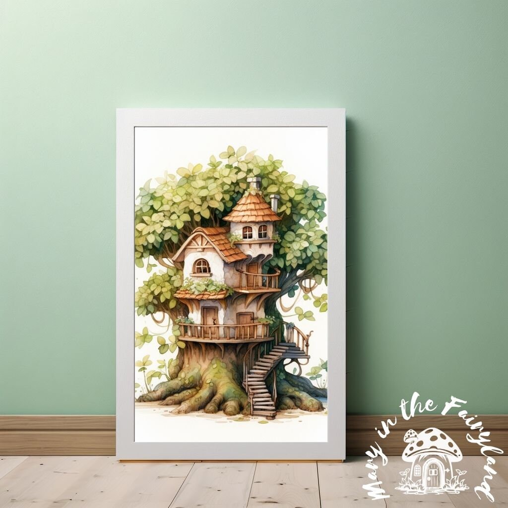 Enchanted watercolor nursery printables: A DIY decor ensemble featuring 5 whimsical fairy dwellings