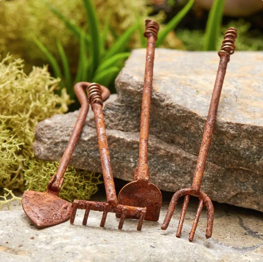 4 Piece Rusty Metal Miniature Tools Set