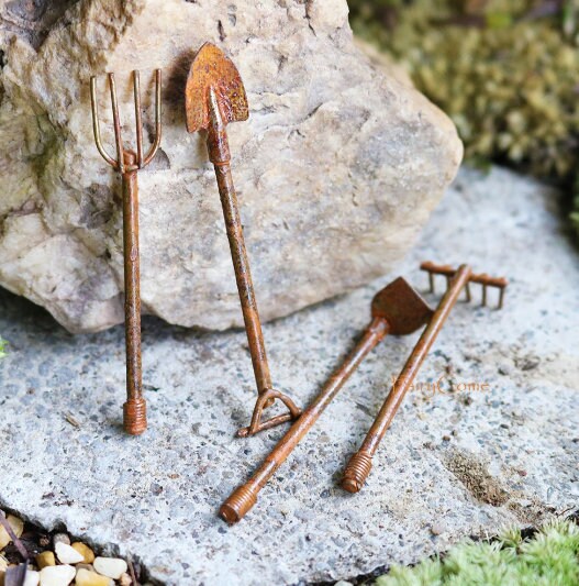 4 Piece Rusty Metal Miniature Tools Set