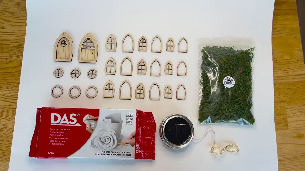 Easy Fairy House Starter Set – DIY Fairy House Kit with Air-Dry Clay, Doors, Windows, Moss & Optional Lights – Build Your Own Fairy Home
