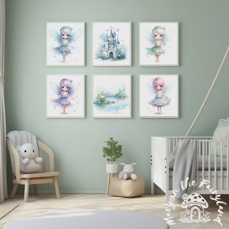 Enchanting watercolor nursery printable art set: DIY Decor with 4 Fairies, a magical fairy castles, and fairytale pond