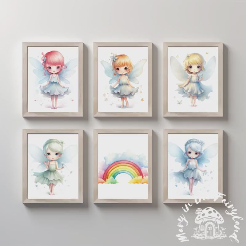 Enchanting watercolor nursery printable art set: DIY Decor with 5 Fairies and a magical fairy raibow